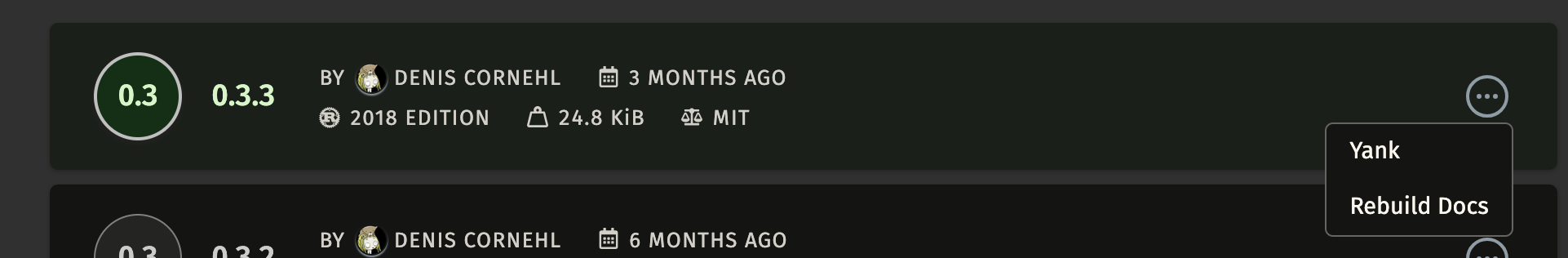 crates.io dropdown menu showing two items: yank and rebuild docs