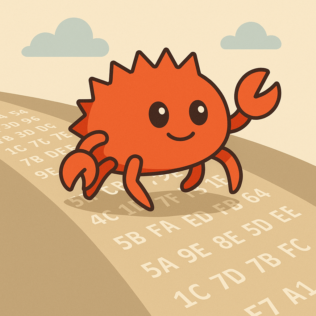 Ferris the crab walking along a hexadecimal path