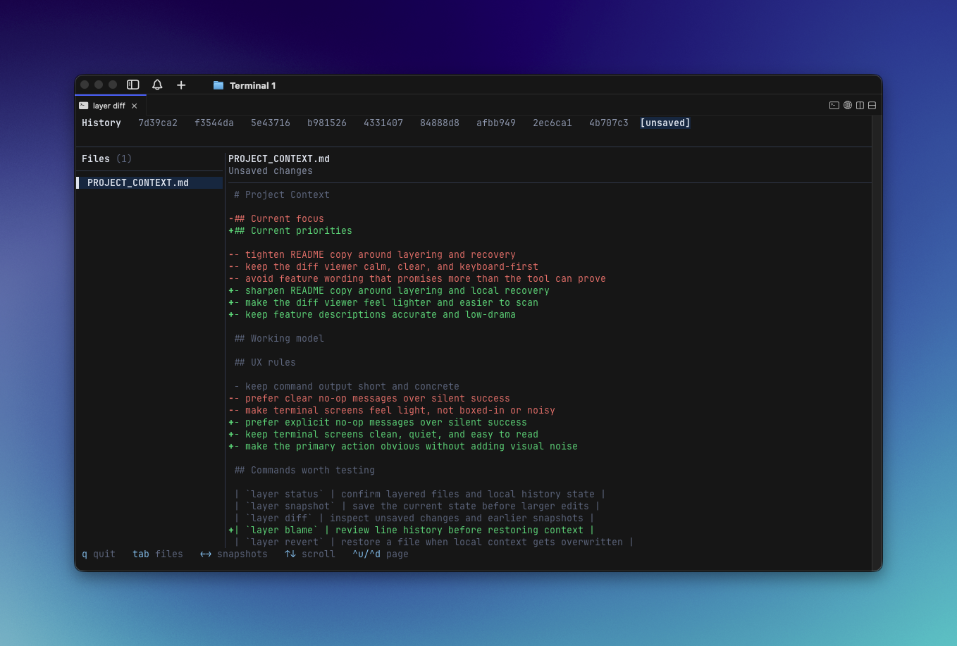 layer diff viewer showing snapshot history and unsaved changes