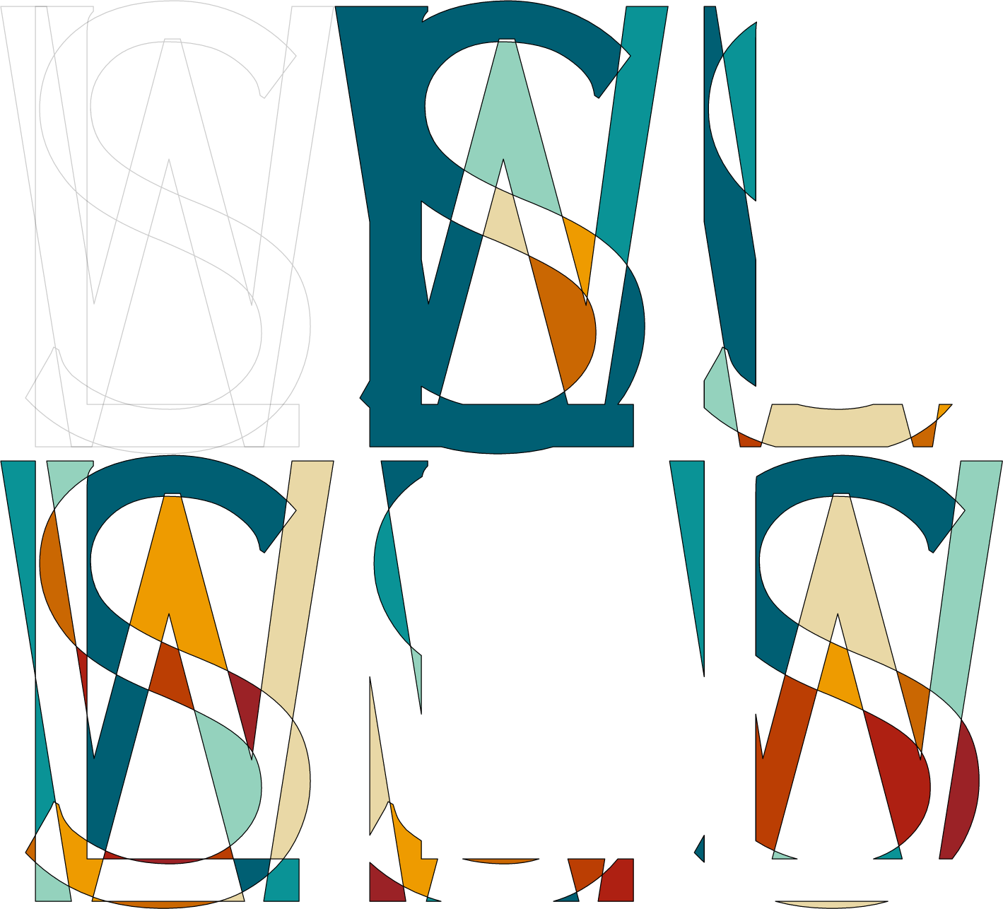 Image of set operations applied to glyphs for L, S, and W