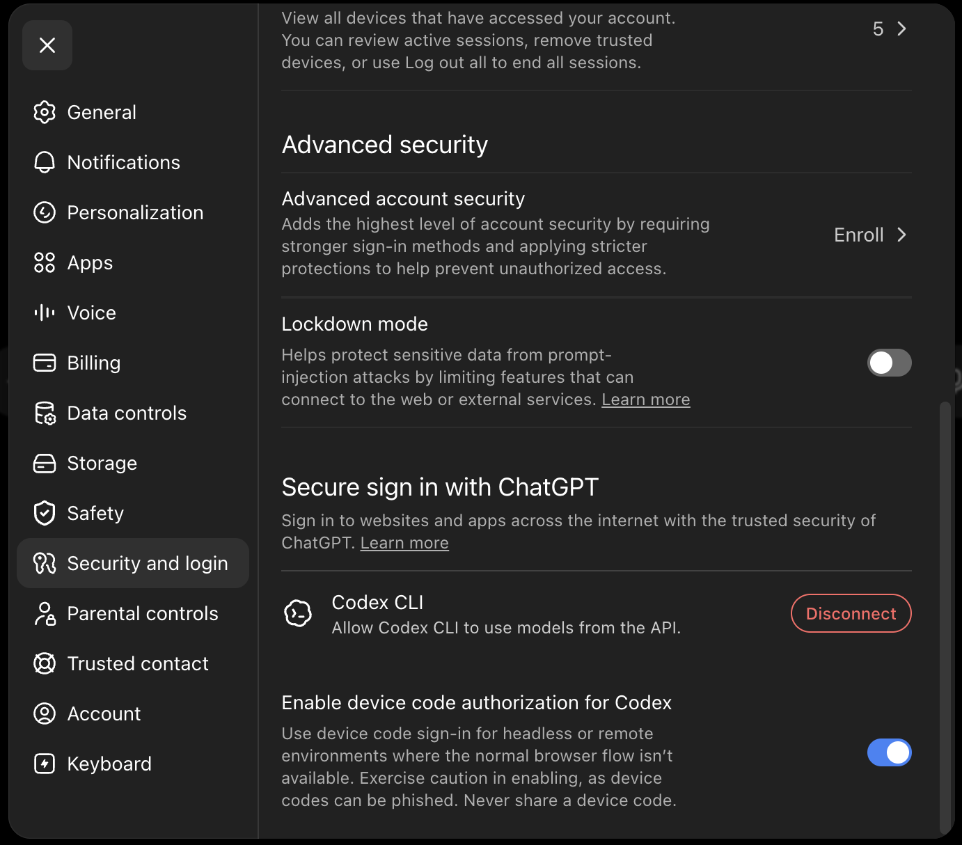 ChatGPT setting for enabling Codex device-code authorization