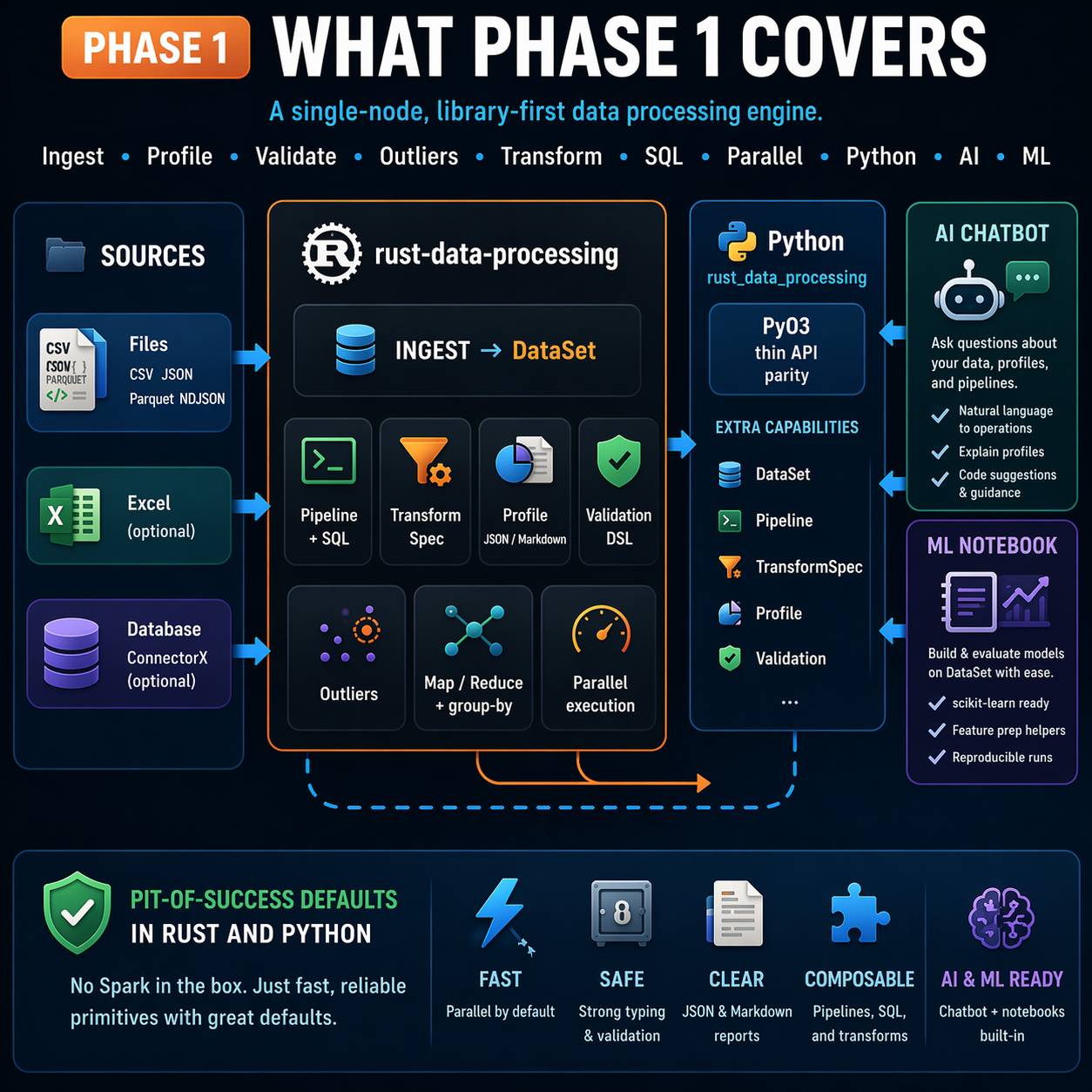 Phase 1 scope: sources → rust-data-processing → Python / optional AI & ML surfaces