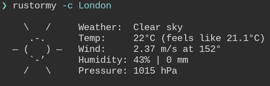 Basic usage: `rustormy -c London`