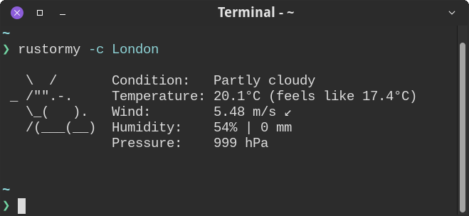 Basic usage: `rustormy -c London`