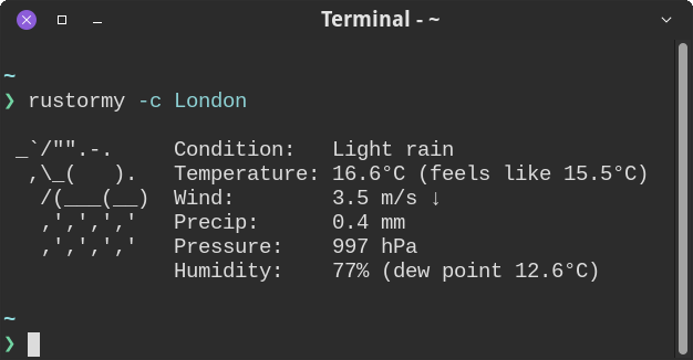 Basic usage: `rustormy -c London`