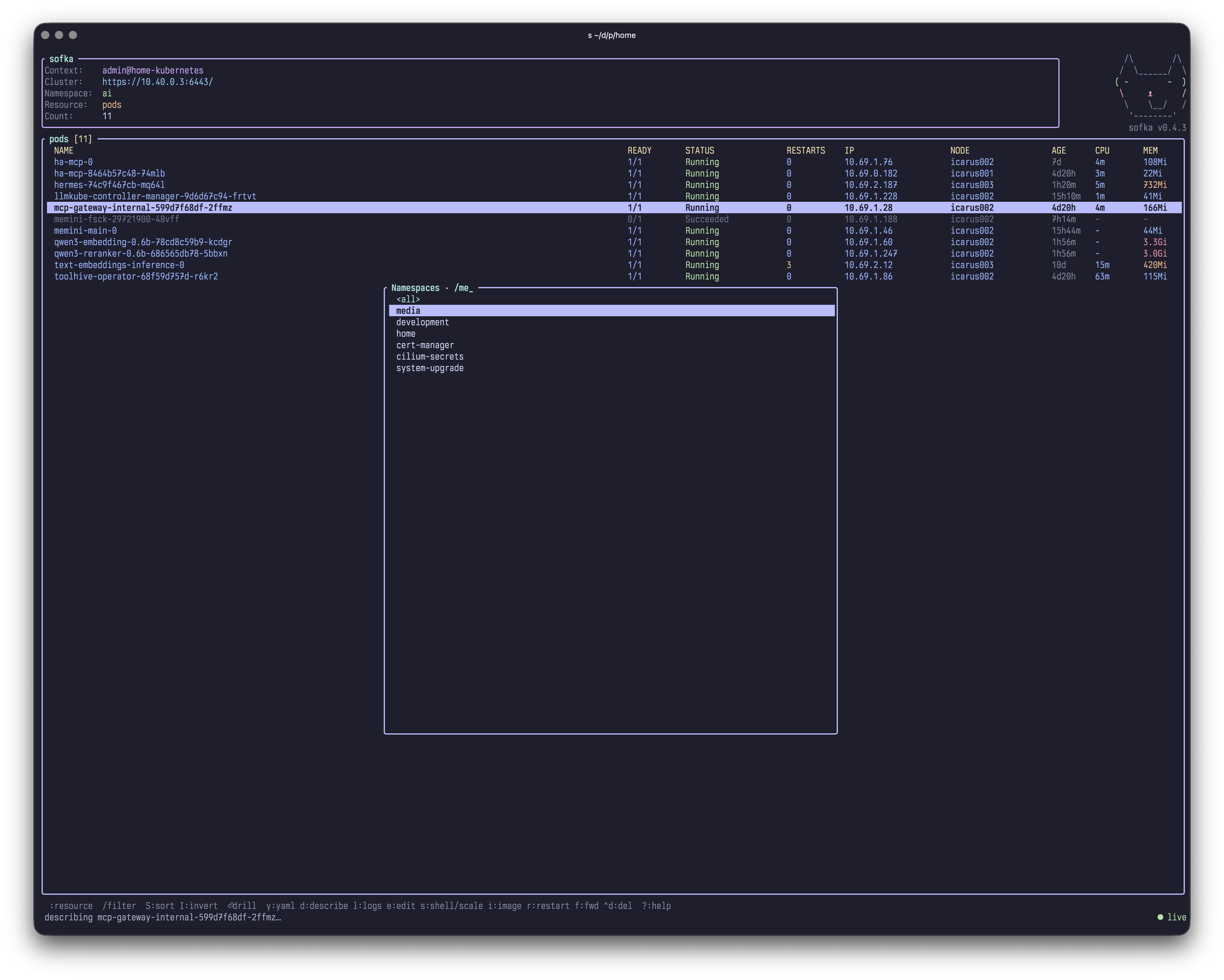 Namespace switcher popup over a pod list