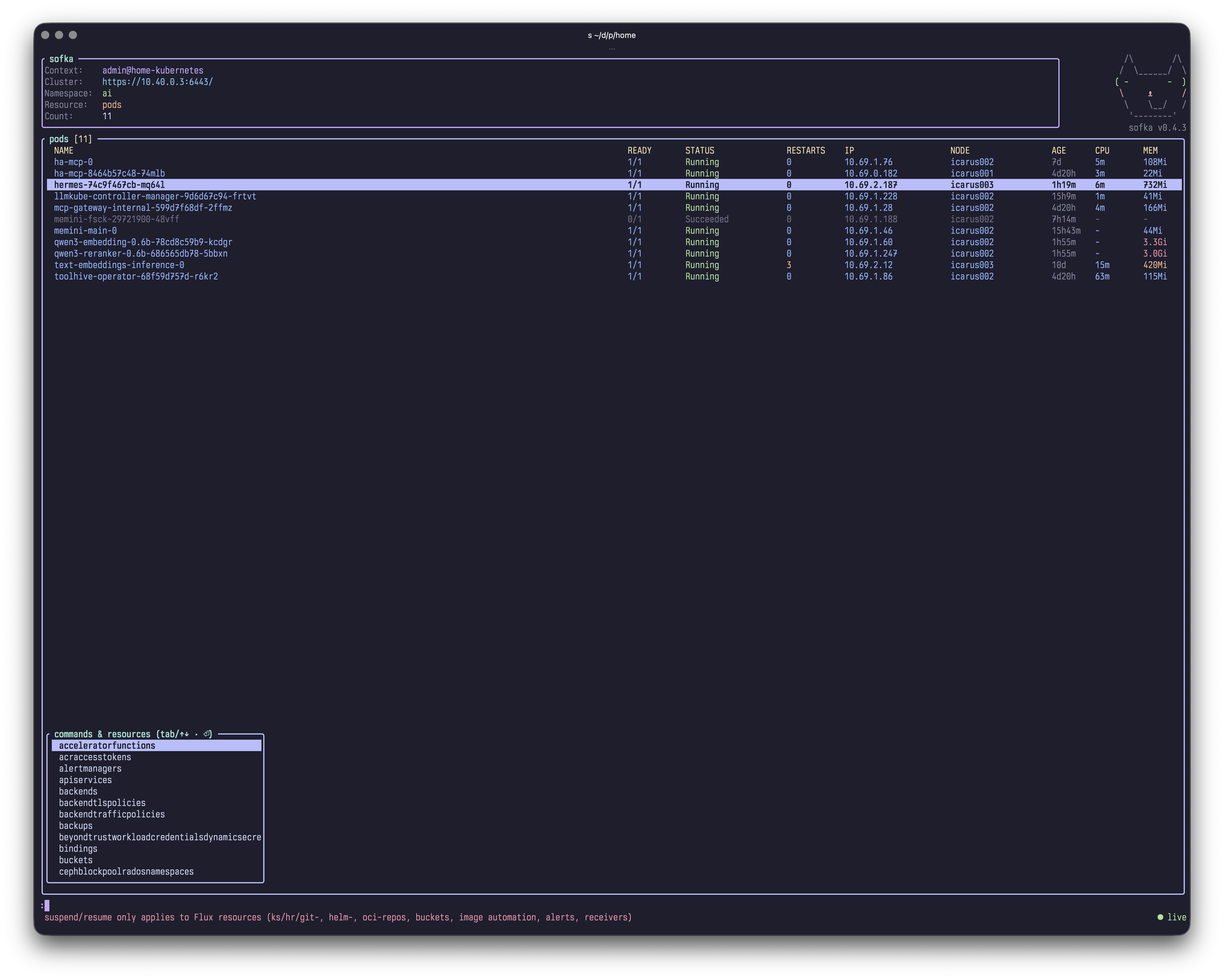 Pod list with the fuzzy command palette open
