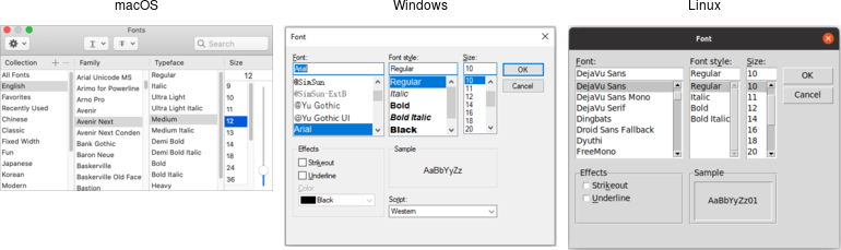 Font chooser dialogs.